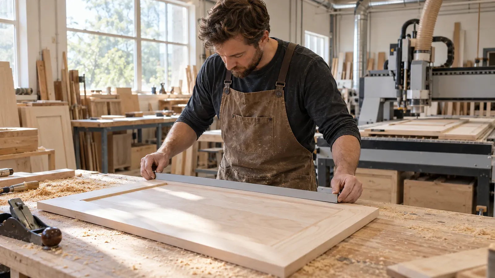 Cabinet shop worker measuring a maple cabinet door on a workbench in a well lit Central Ohio millwork shop