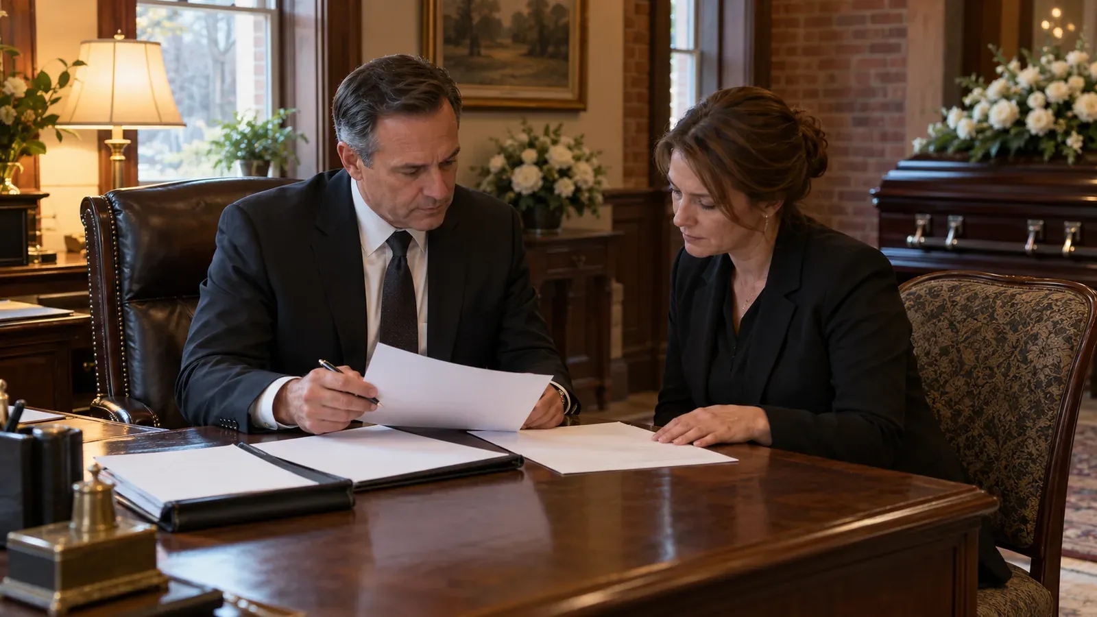 Funeral director in a dark suit reviewing service arrangements with a colleague in a quiet office of a brick funeral home
