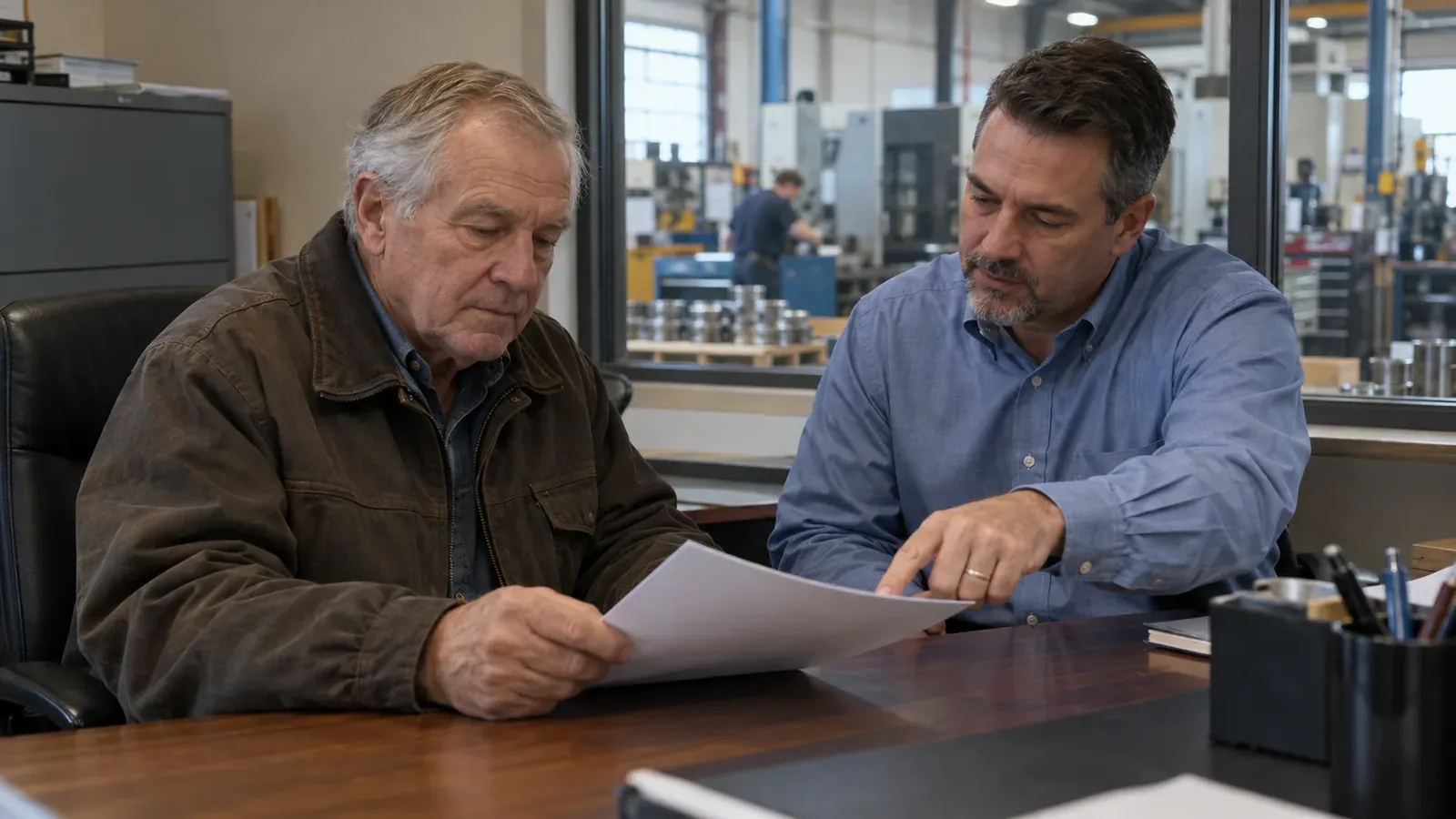Owner of a small Columbus manufacturing shop going over a printed profit and loss statement with an advisor at a workbench office